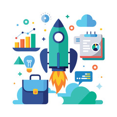 Business Startup Launch Rocket, Charts, and Growth
