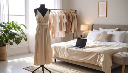 Beige Dress on Mannequin in Bright Minimalist Bedroom