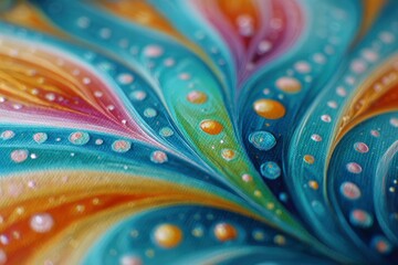 Abstract floral pattern with wavy lines and colorful droplets on canvas