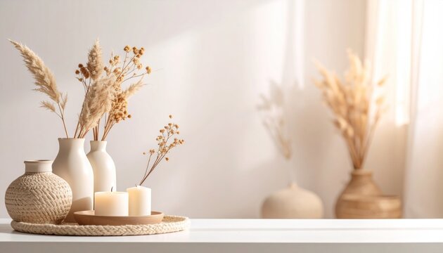 Neutral Tone Decor Featuring Vases Candles and Dried Flowers with Subtle Shadows on a White Wooden Surface