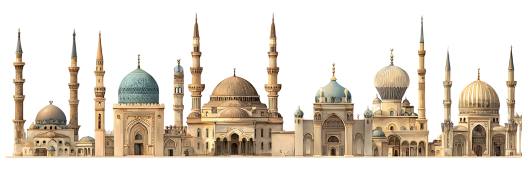 Panoramic view of diverse architectural styles featuring domes and minarets against a clear sky