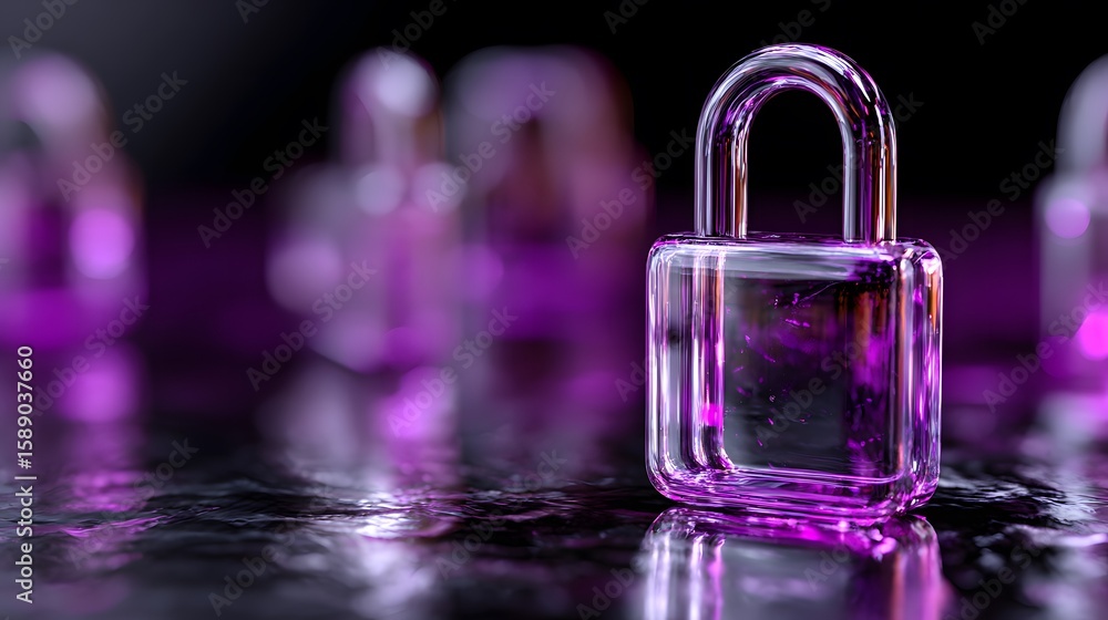 Poster a transparent padlock illuminated with purple light, set against a dark background with blurred simi