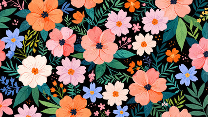 A vivid mix of colorful flowers and leafy greens set against a black backdrop
