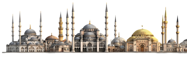 Intricate skyline of historical mosques with domes and minarets under a clear blue sky