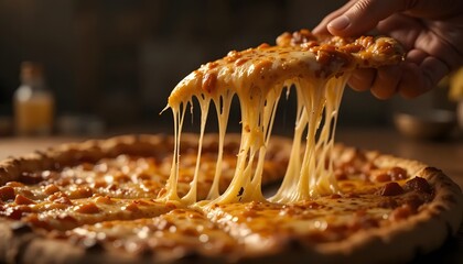 Hand lifting a pizza slice with long, gooey cheese strands, over the rest of the pie