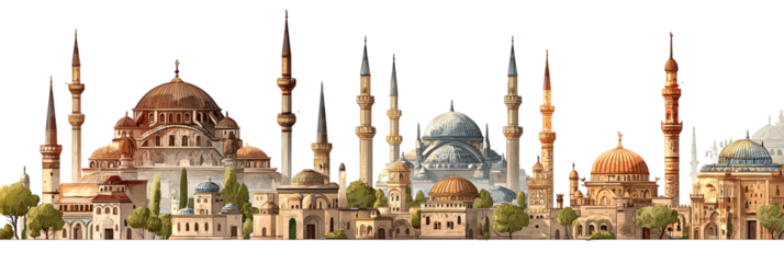 Panoramic view of a historic city skyline featuring diverse architectural styles and domes