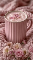Cozy pink mug filled with frothy drink adorned with delicate pink flowers on a soft blanket