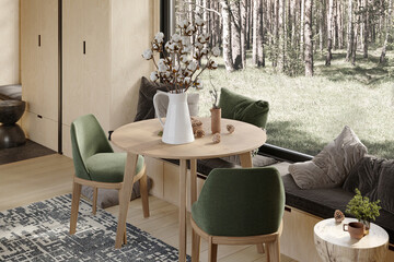 Modern forest cabin living room with large windows, green sofa, wooden accents, and forest views. Comfortable space with natural light and Scandinavian design.