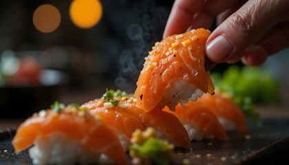 Close-up of hand picking up sushi, showcasing vibrant salmon nigiri. Steam rising