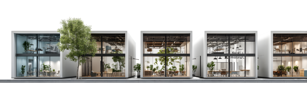 Modern office buildings with large glass facades, showcasing vibrant indoor plants and workspace