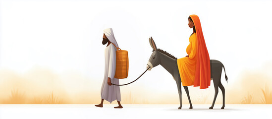 A modern illustration of Mary and Joseph's journey to Bethlehem. The pregnant Mary rides a donkey, led by Joseph. A biblical scene of the Holy Family, perfect for Christmas and Advent banners.