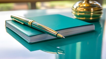 Elegant Teal Notebook and Gold Pen on Desk