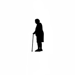 Silhouette of elderly person waiting with walking stick on white background