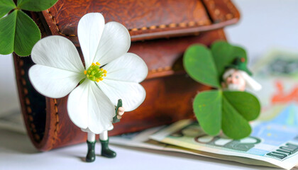 Miniature Leprechaun with White Flower Near Leather Wallet and Euro Bills