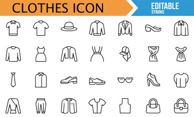 Collection of clothing icons representing various styles and accessories for fashion and lifestyle themes.