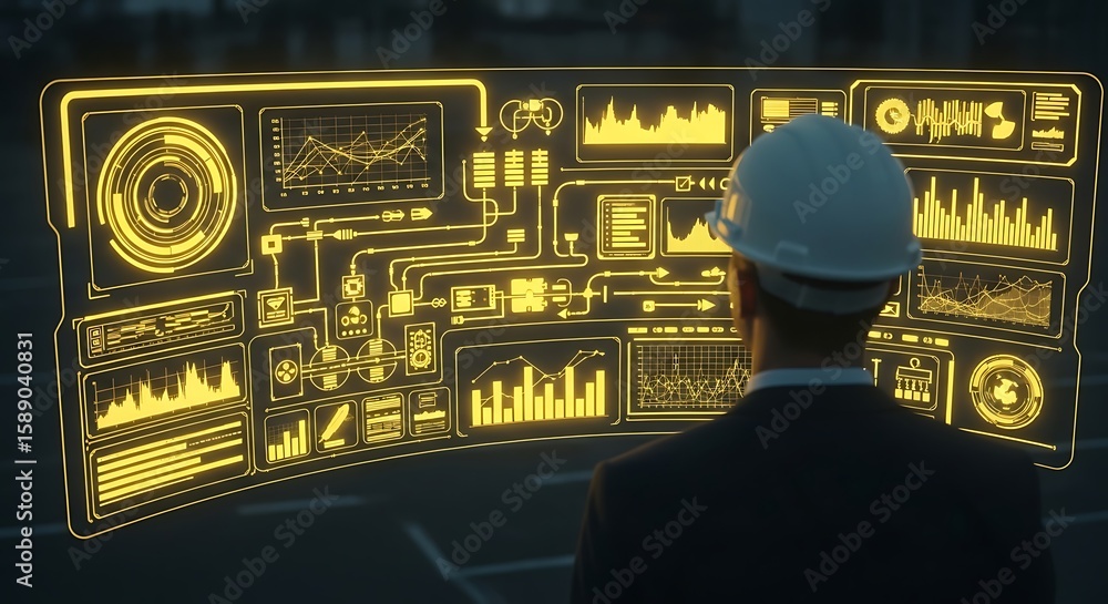 Aufkleber engineer analyzing futuristic digital data on holographic display