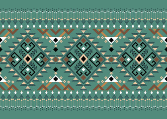 Vector geometric pattern, green tone, traditional ethnic ikat, seamless pattern, abstract fabric border for printing fabric, dress, carpet, curtain and batik, embroidery style, Aztec, African, Indian.