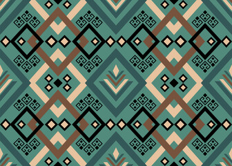 Vector geometric pattern, green tone, traditional ethnic ikat, seamless pattern, abstract fabric border for printing fabric, dress, carpet, curtain and batik, embroidery style, Aztec, African, Indian.