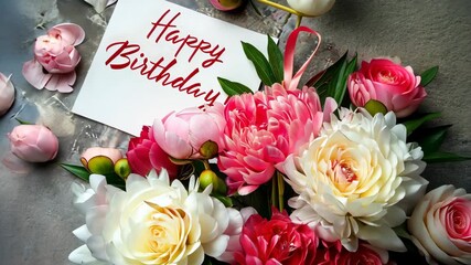 Colorful flowers surround a greeting card that expresses joyful birthday wishes, creating a festive atmosphere for celebration