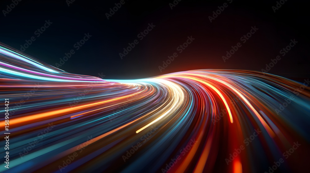 Poster dynamic light trails forming a vibrant curve against a dark background