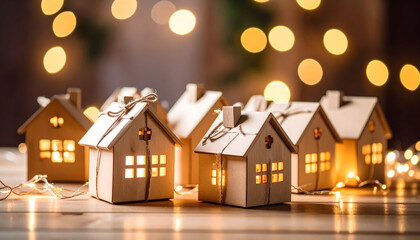 Illuminated Cardboard Miniature Houses on Wooden Table with Warm Golden Bokeh Lights