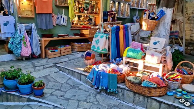 Authentic Greek Island Soul &mdash; Traditional Shopping Streets in Alonissos Chora Village. Old Town Scenic Architecture, Sporades, Greece.