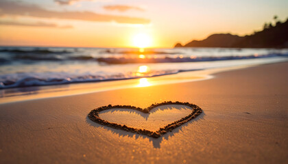 Heart in Sand on Beach at Sunset