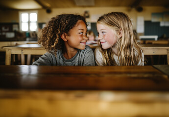 Close-up of two diverse schoolgirls sitting at a desk, smiling and looking at each other. Warm light and blurred classroom background create a natural, candid school moment