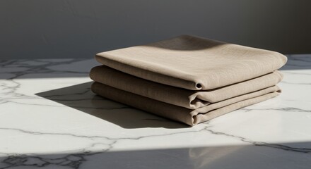 Beige Textured Fabric Stacked on Elegant Marble Surface in Natural Light