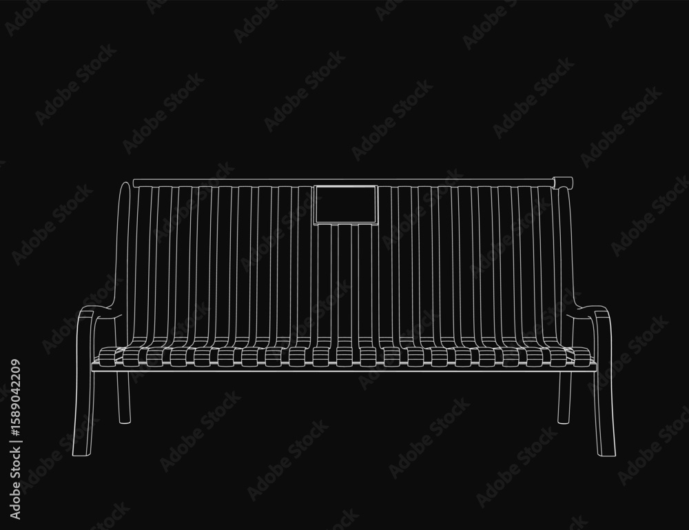 Poster a simple black and white line drawing of a bench with clean contours stands out against a dark backg