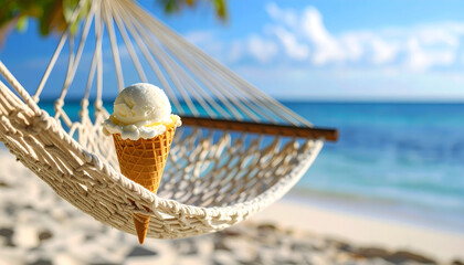 Vanilla Ice Cream Cone in Hammock on Tropical Beach