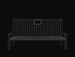 A simple black and white line drawing of a bench with clean contours stands out against a dark background. The minimalist design highlights the bench's shape and structure.