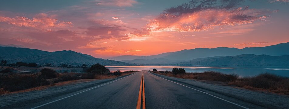 A scenic highway stretches towards a vibrant sunset over a calm lake nestled between hazy mountains