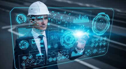 Engineer interacting with futuristic data visualization interface