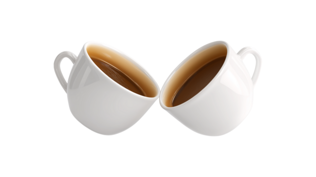 Two White Ceramic Cups Filled with Coffee or Tea Facing Each Other on Transparent Backdrop