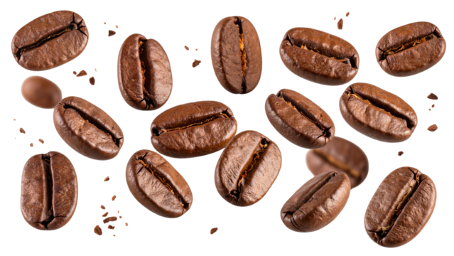 Falling coffee beans isolated on a white or transparent background, png