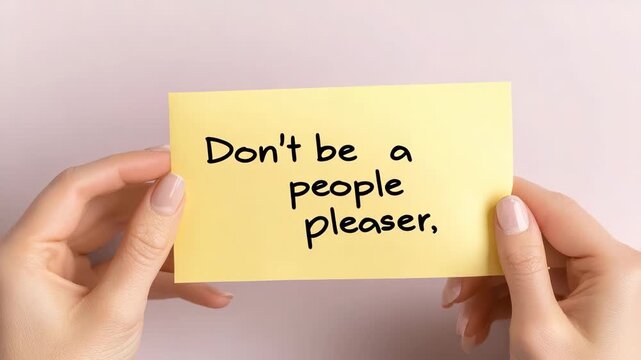 The message is clear, yet delivered with a sense of gentle encouragement. Two hands gently hold a bright yellow sticky note, emblazoned with a clear and assertive message against a soft background.