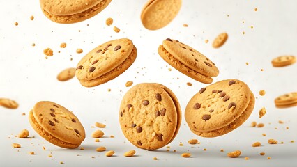 Golden cookies float in motion across a clean background, suited for engaging food content or snack visuals.