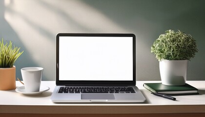 Fototapeta premium laptop with blank screen on desk at home computer on desk in office technology business concept