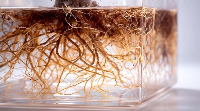 Close up of plant roots submerged in water inside a clear square shaped container on a white surface