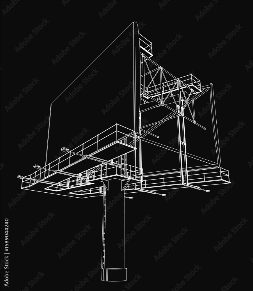 Poster a 3d model of a building under construction displayed as a blueprint with precise contour lines. the