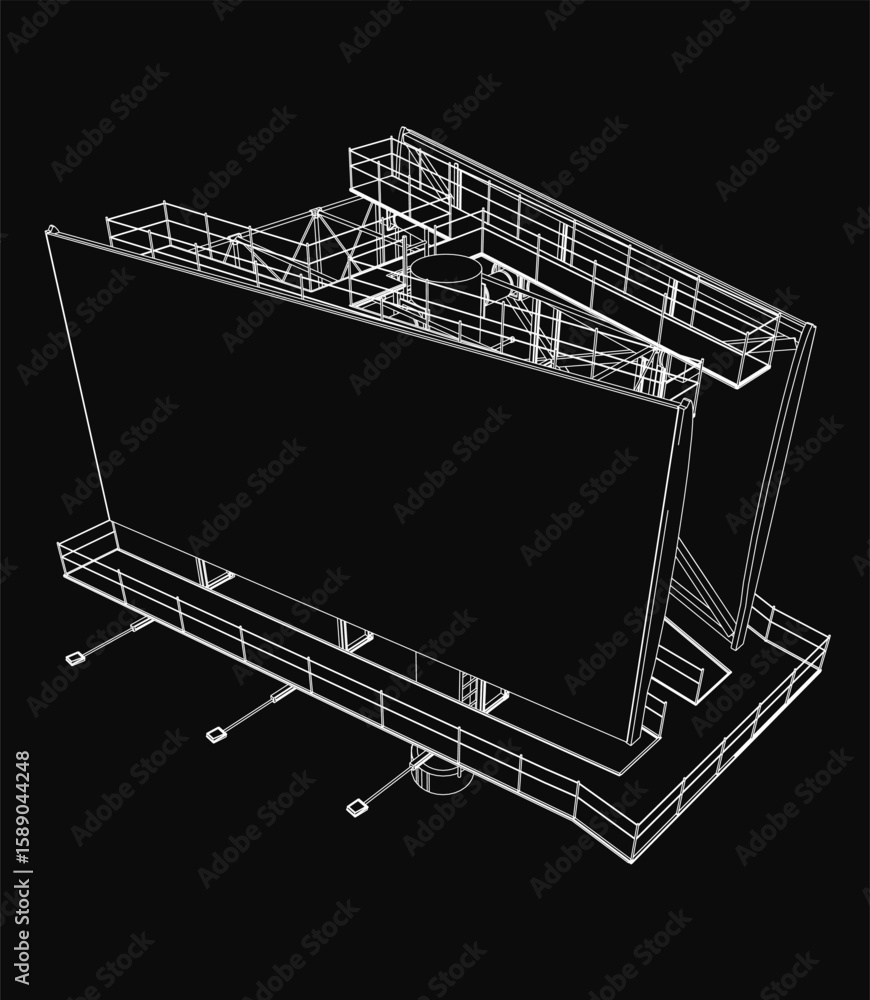 Poster a 3d model blueprint of a billboard on a black background features a detailed contour of the pole an