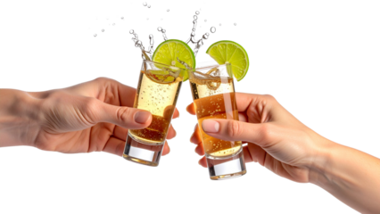 Glasses shot of tequila making toast with splash isolated on trasparent or white background, png