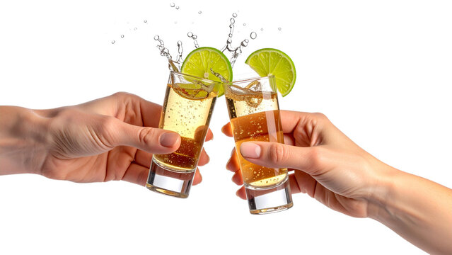 Glasses shot of tequila making toast with splash isolated on trasparent or white background, png