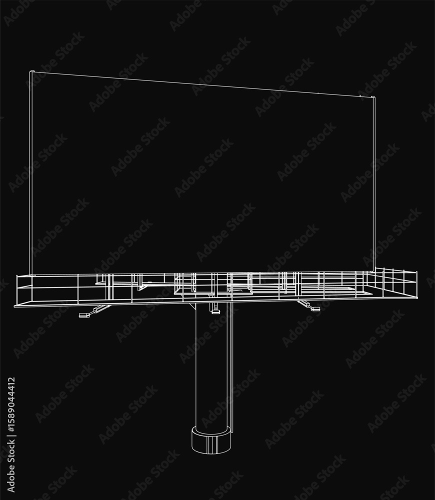 Poster a 3d model blueprint of a billboard on a black background features a detailed contour of the pole an