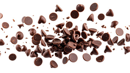 Flying falling chocolate chips isolated on transparent or white background, png