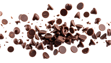 Flying falling chocolate chips isolated on transparent or white background, png