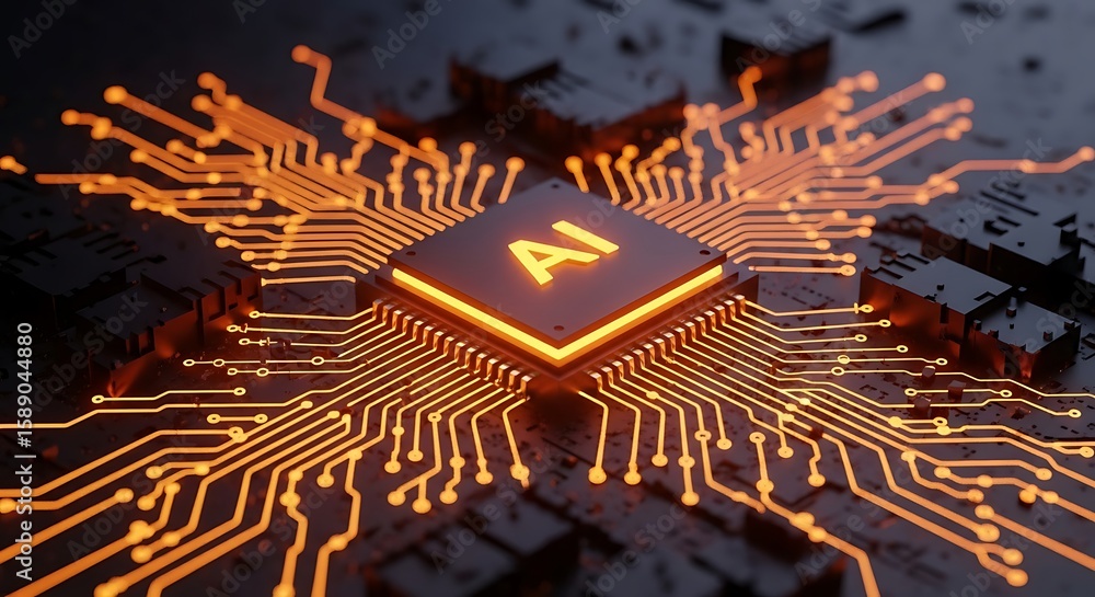 Poster glowing artificial intelligence processor centralized on motherboard circuit