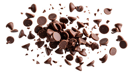 Flying falling chocolate chips isolated on transparent or white background, png
