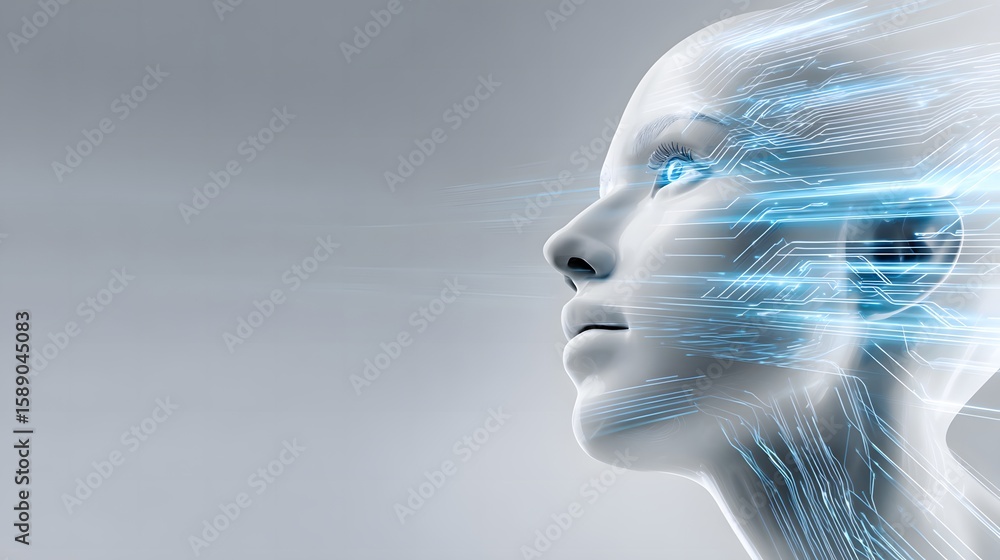 Poster profile of a human face with glowing neural pathways, symbolizing advanced technology and artificial
